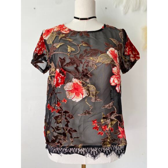 Rewind Womens Y2K Velvet Burnout Top Size S Dark Floral Whimsigoth Fairy Vampy - Picture 2 of 13